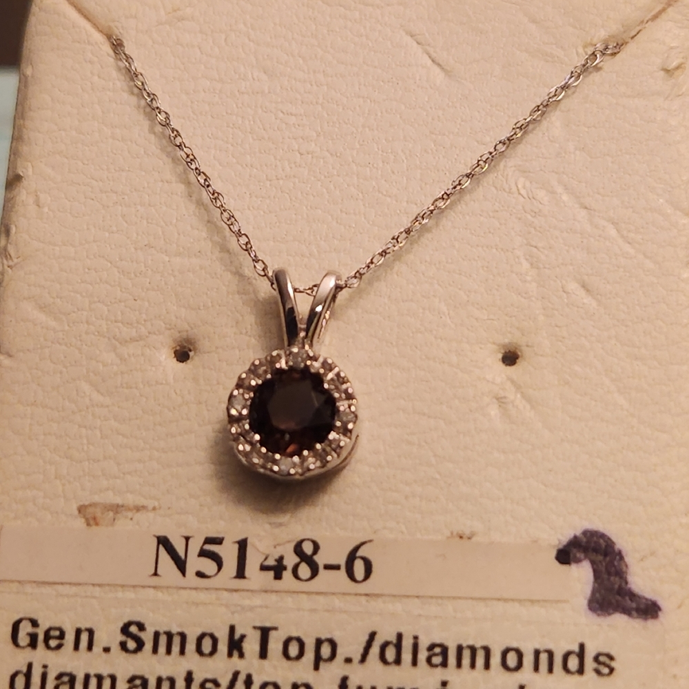 NEW 10K SOLD WHITE GOLD GENUINE ROUND-SHAPE SMOKY TOPAZ AND DIAMOND NECKLACE